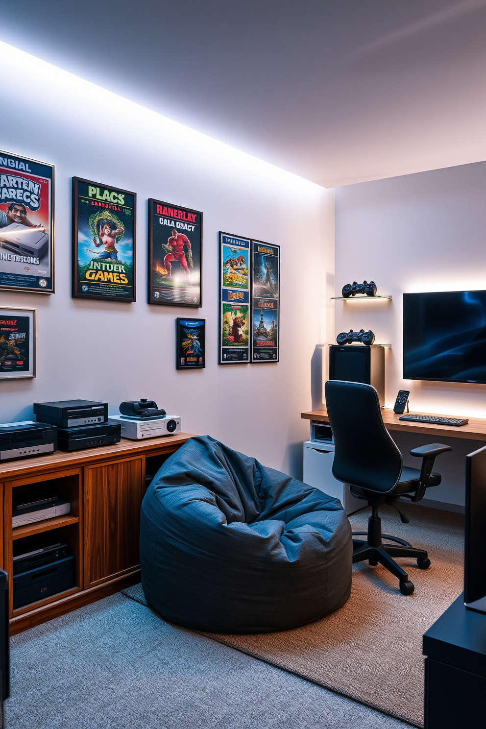 A retro gaming corner featuring classic consoles is designed with a vintage wooden cabinet that holds a collection of games and controllers. The walls are adorned with framed posters of iconic video games, and a plush bean bag chair offers a comfortable spot to relax and play. The modern game room incorporates sleek furniture with a contemporary gaming desk and ergonomic chair. Ambient LED lighting highlights the space, while a large flat-screen TV is mounted on the wall, creating an immersive gaming experience.