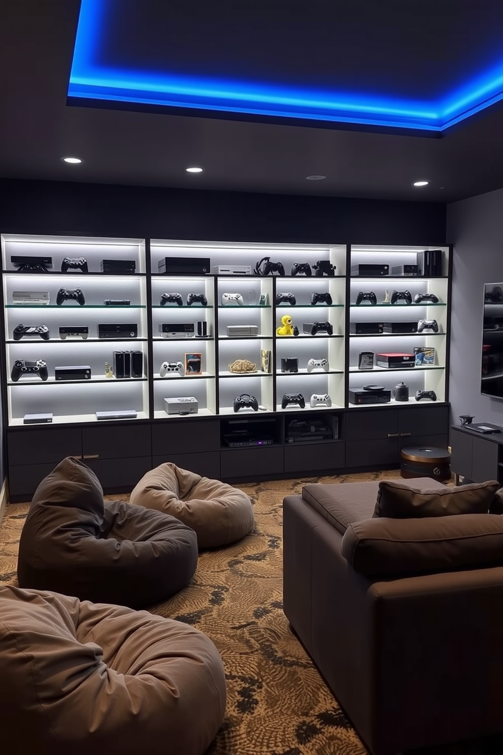 A sleek game room featuring custom display shelves for gaming consoles. The shelves are illuminated with LED lighting, showcasing an array of consoles and collectibles against a dark accent wall. Comfortable seating is arranged in a cozy layout, with plush bean bags and a sectional sofa. A large screen is mounted on the opposite wall, creating an immersive gaming experience for friends and family.