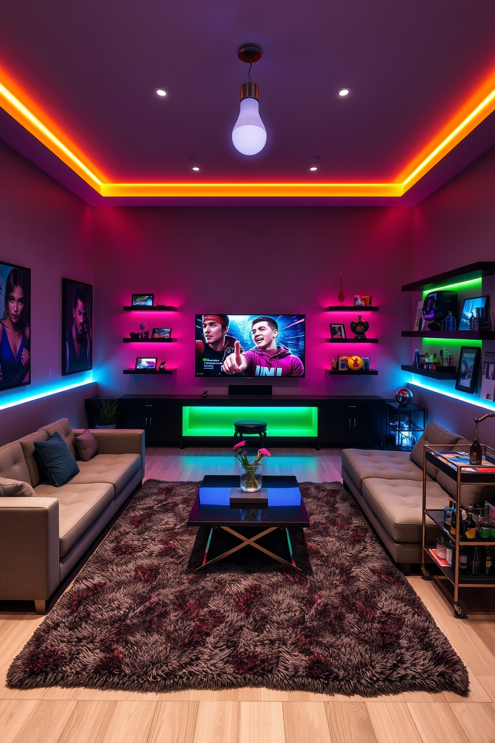 A modern game room featuring mood lighting created by smart bulbs that can change colors based on the time of day. The space includes a sleek sectional sofa, a large flat-screen TV mounted on the wall, and a stylish coffee table in the center. The walls are adorned with vibrant artwork and shelves filled with gaming memorabilia. A plush area rug anchors the seating area, while a bar cart in the corner adds a touch of sophistication.