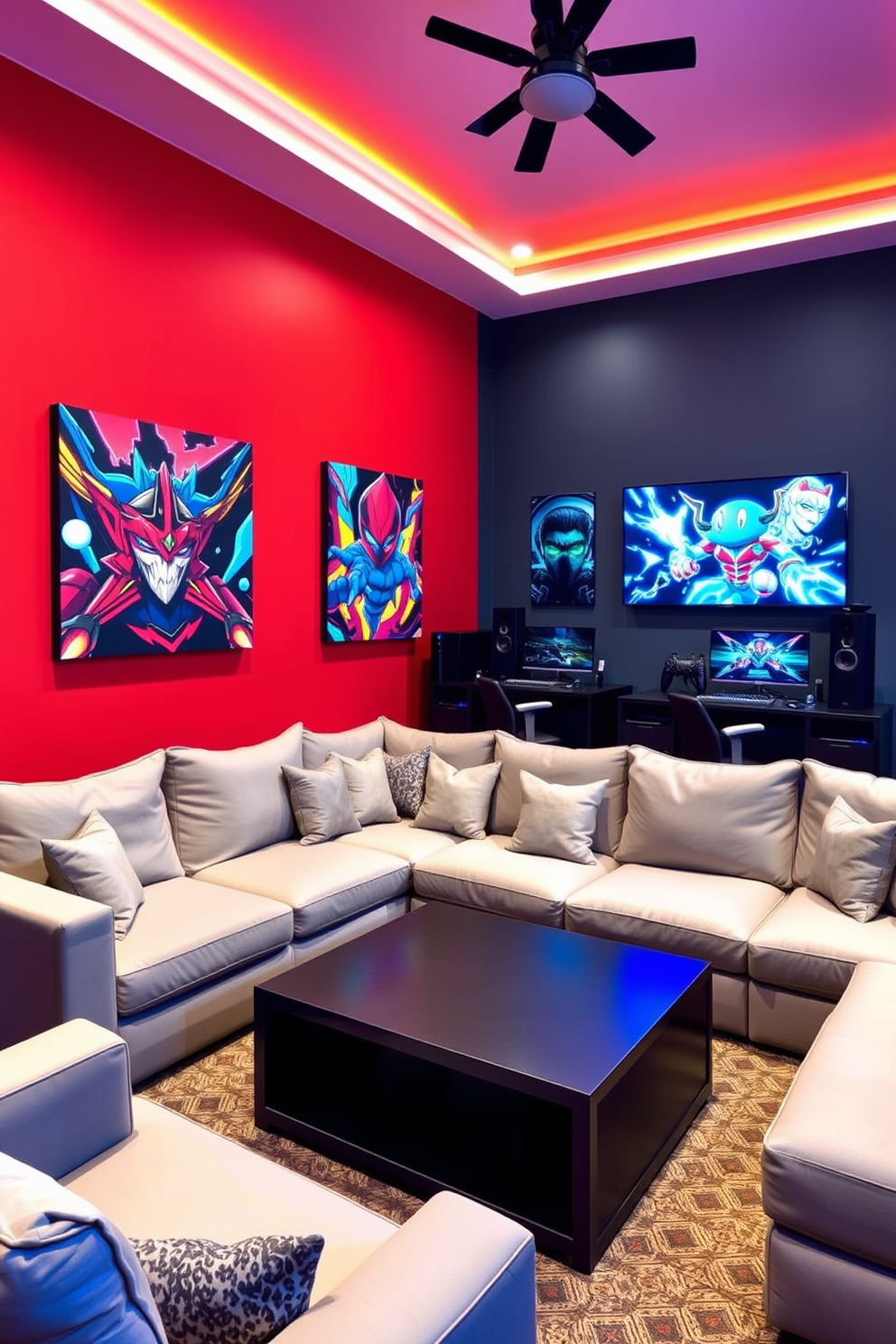 A modern game room features bold accent walls adorned with vibrant gaming-themed artwork, creating an immersive atmosphere. The space includes a large sectional sofa with plush cushions, a sleek coffee table, and a state-of-the-art gaming console setup.