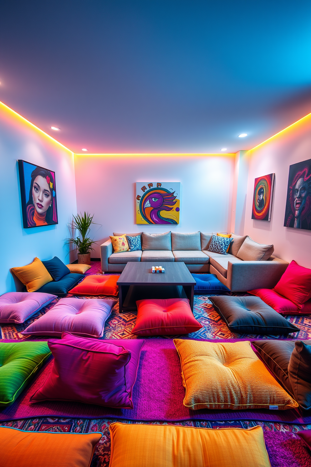 A cozy game room featuring colorful floor cushions arranged in a casual layout. The cushions are in various textures and patterns, inviting relaxation and comfort while enjoying games with friends. The room is designed with a large sectional sofa and a sleek coffee table at the center. Bright wall art and ambient lighting create a vibrant atmosphere for entertainment and leisure.