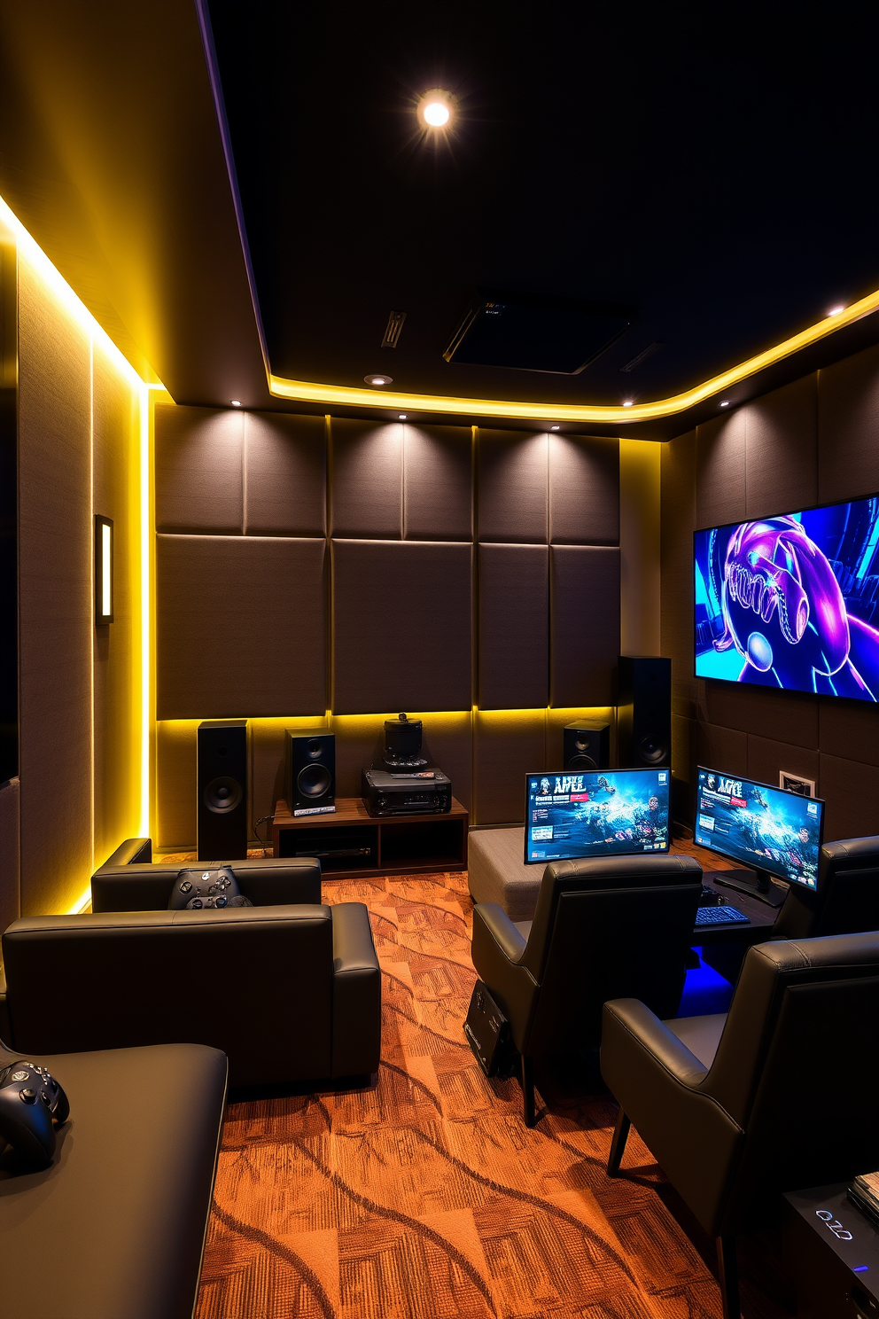 A modern game room featuring a sleek sound system designed for an immersive audio experience. The room is equipped with comfortable seating, ambient lighting, and state-of-the-art gaming consoles to enhance the entertainment atmosphere.