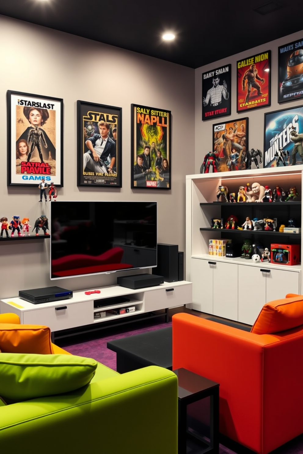 A modern game room featuring vibrant pop culture collectibles as decor accents. The walls are adorned with framed posters of iconic movies and video games, creating an immersive atmosphere. A sleek gaming console is positioned on a minimalist entertainment unit, surrounded by shelves displaying action figures and memorabilia. Comfortable seating in bold colors invites friends to gather and enjoy gaming sessions together.