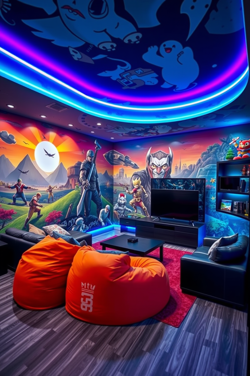 A vibrant game room featuring gaming-themed wallpaper that showcases iconic video game characters and landscapes. The room is filled with comfortable seating, including a large sectional sofa and bean bags, creating a cozy atmosphere for gaming sessions. The walls are adorned with LED strip lighting that changes color, enhancing the playful ambiance. A sleek gaming console and large screen are positioned for optimal viewing, while shelves display collectibles and games for easy access.