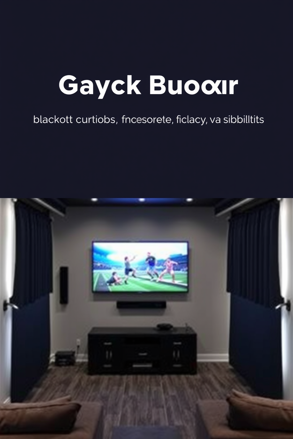 A modern game room featuring blackout curtains that enhance screen visibility. The room is equipped with a large flat-screen TV mounted on the wall, surrounded by comfortable seating and ambient lighting.