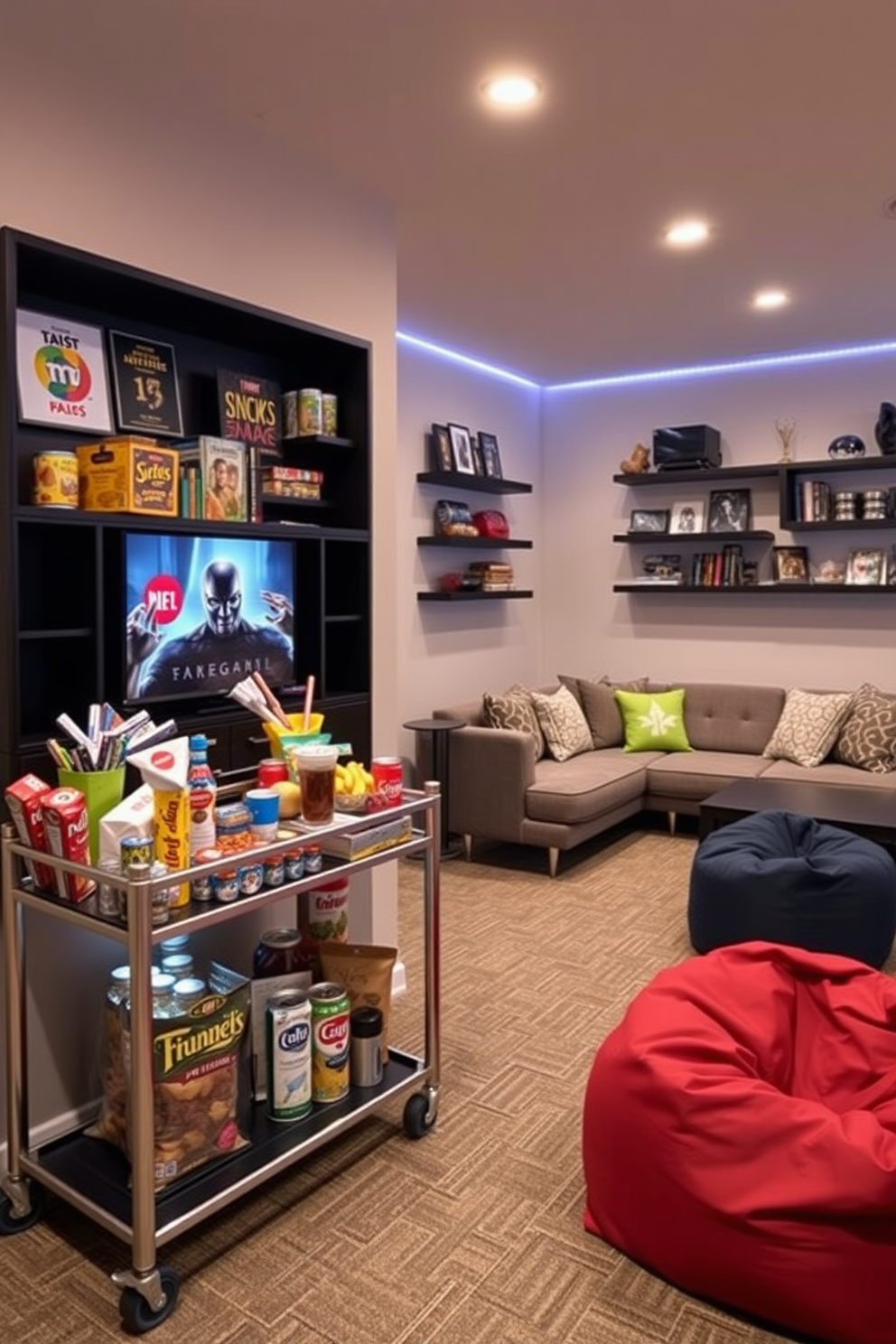 A modern game room featuring a stylish snacks and beverage station. The station includes a sleek bar cart with an assortment of snacks and a mini fridge stocked with drinks. The room is designed with comfortable seating, including a sectional sofa and bean bags for a relaxed atmosphere. Wall-mounted shelves display games and collectibles, while ambient lighting creates a fun and inviting space.