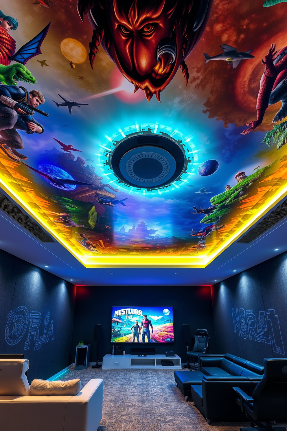 Artistic ceiling designs featuring gaming motifs create an immersive atmosphere that enhances the overall gaming experience. The ceiling is adorned with colorful murals depicting iconic video game characters and landscapes, complemented by dynamic LED lighting that changes with the mood of the room. Modern game room design ideas focus on sleek furniture and high-tech amenities to elevate gameplay. Comfortable seating arrangements with gaming chairs and sectional sofas surround a large screen, while soundproofing elements ensure an uninterrupted gaming environment.