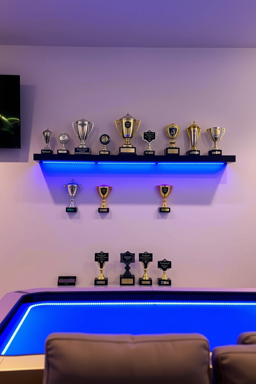 A modern game room featuring a sleek wall-mounted shelf displaying personalized gaming trophies and awards. The room is designed with vibrant LED lighting and comfortable seating, creating an inviting atmosphere for gamers.