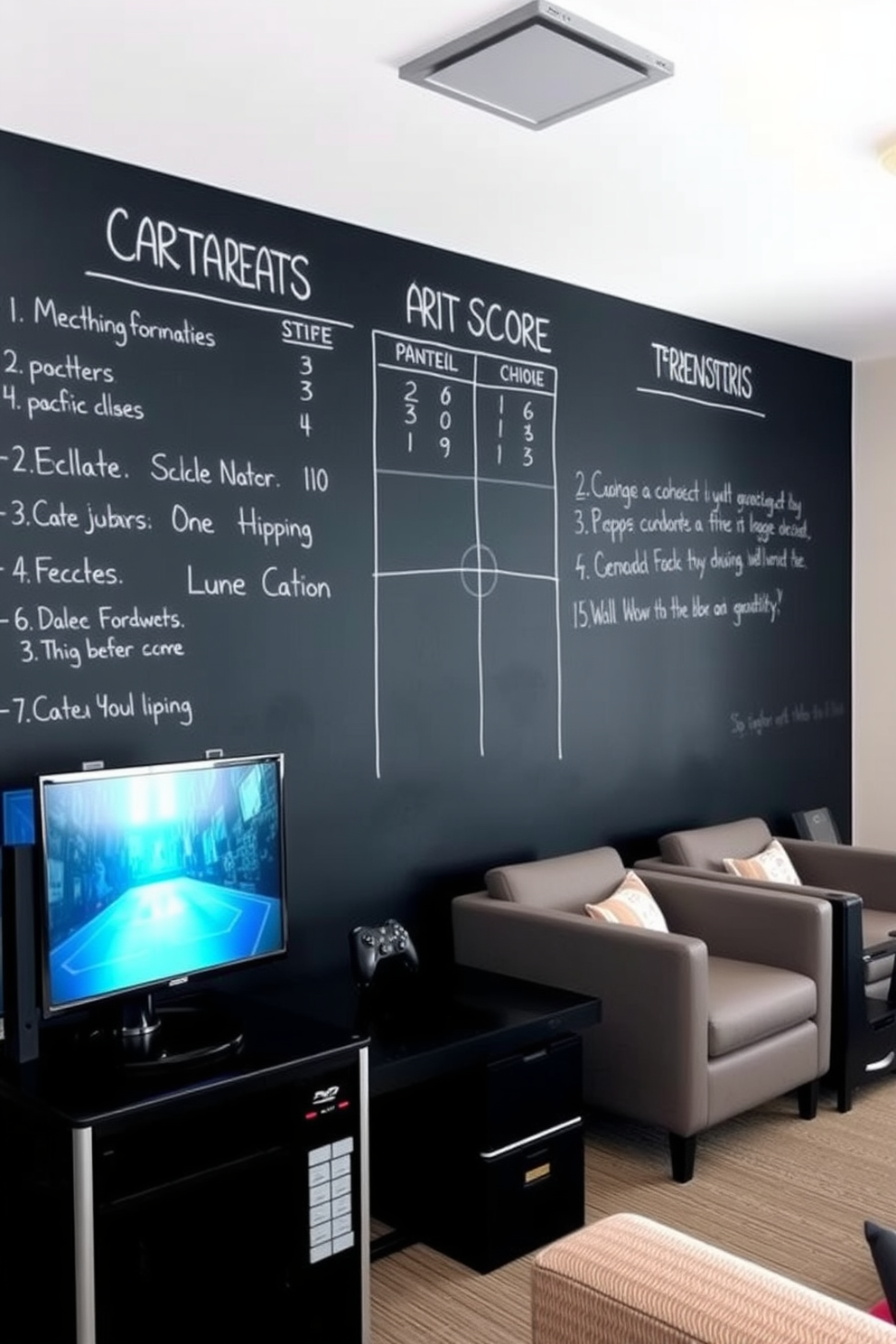 A modern game room features a chalkboard wall for scorekeeping and jotting down notes. The space is filled with comfortable seating and a sleek gaming console setup, creating an inviting atmosphere for friends and family.