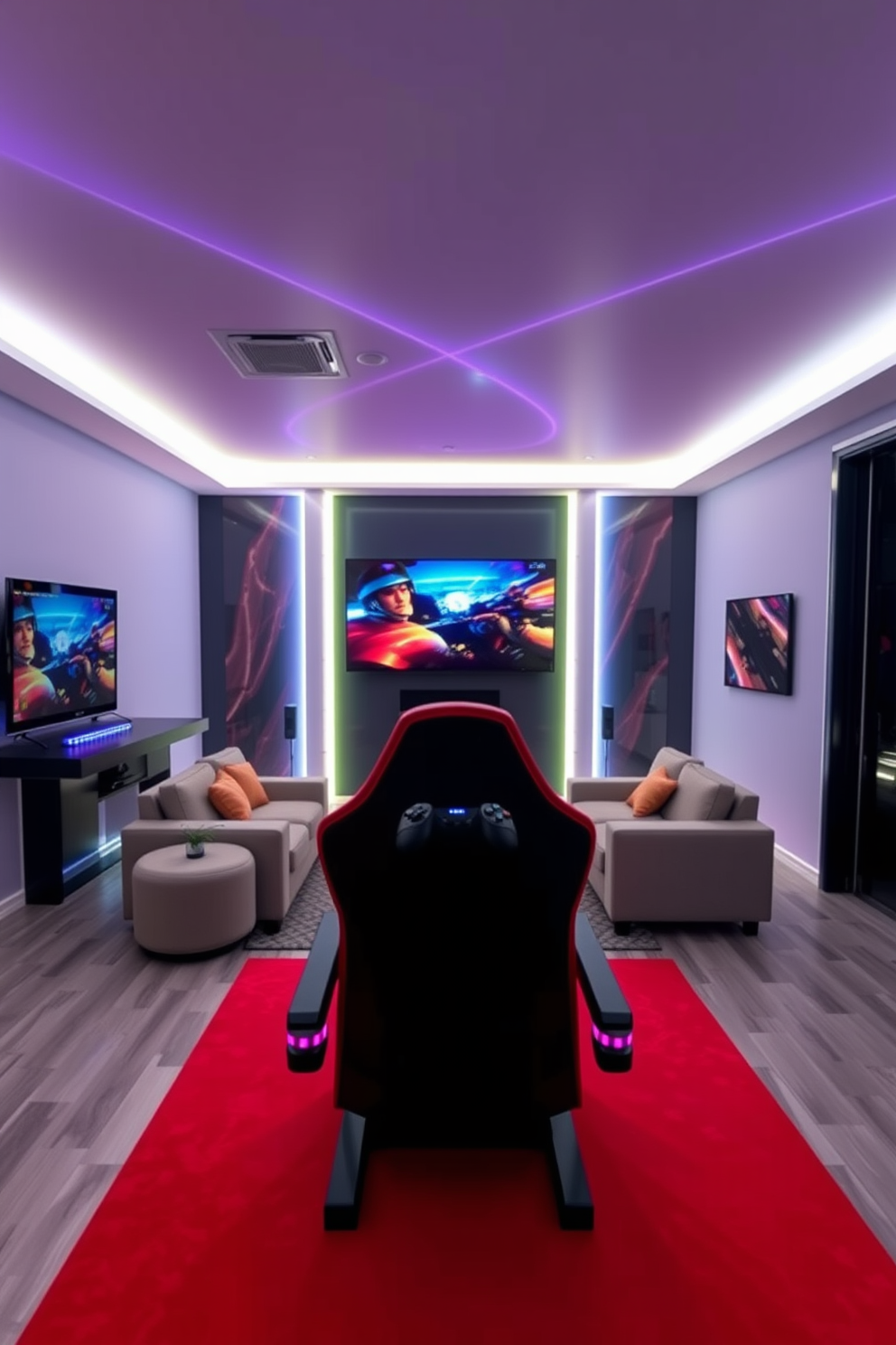 A modern game room featuring integrated LED lighting that creates an inviting ambiance. The space includes a sleek gaming console setup with a large screen, comfortable seating, and vibrant accent colors throughout.