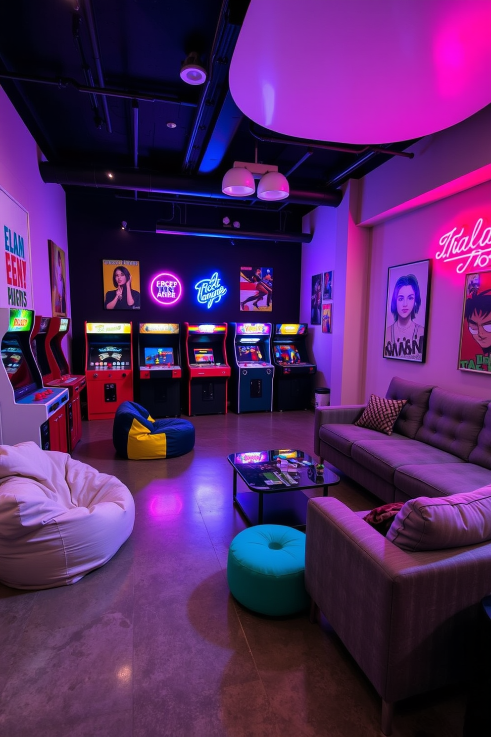 A modern game room featuring vintage arcade machines as decor pieces creates a nostalgic yet contemporary atmosphere. The walls are adorned with vibrant artwork, and the flooring is a sleek polished concrete, enhancing the playful vibe of the space. Comfortable seating arrangements include a mix of retro bean bags and a stylish sectional sofa, perfect for lounging while gaming. Ambient lighting is provided by neon signs and strategically placed LED strips, adding to the energetic feel of the room.