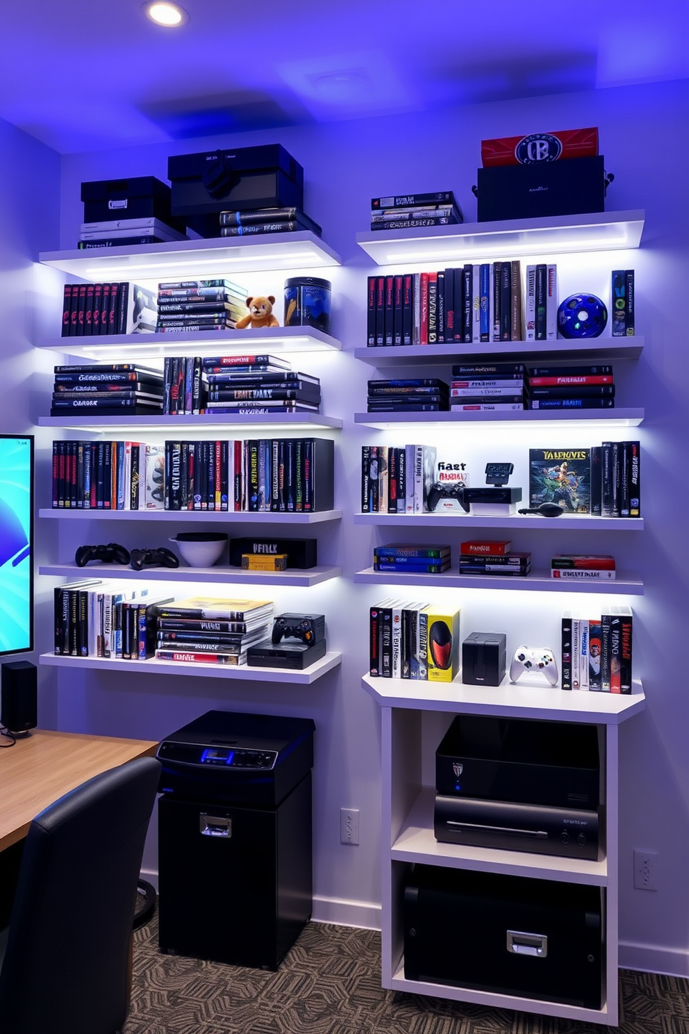 A modern game room featuring sleek wall-mounted shelves designed for game storage. The shelves are filled with an organized collection of video games, collectibles, and stylish storage boxes, complemented by ambient lighting that enhances the contemporary aesthetic.