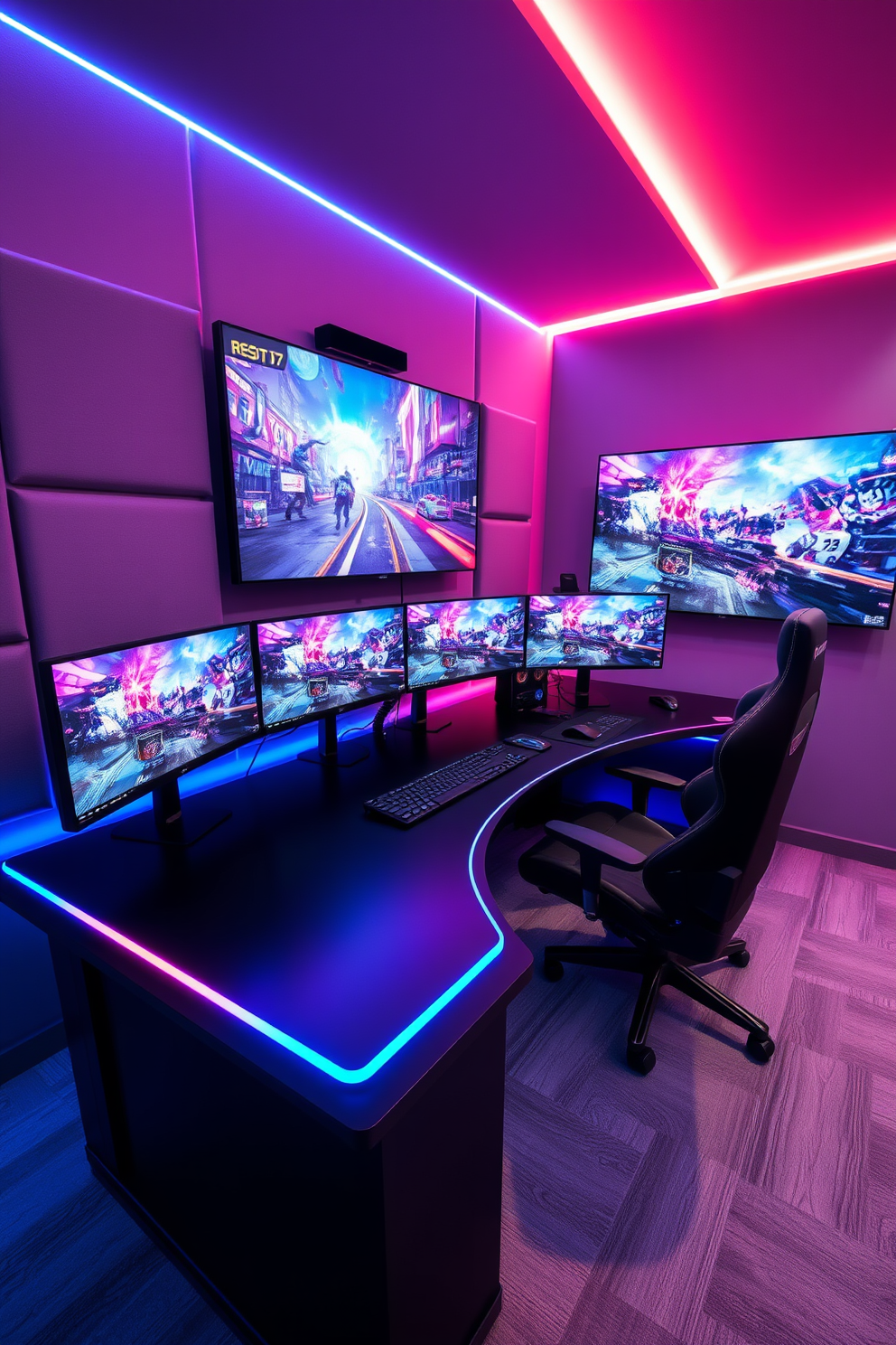 A high-tech gaming setup features multiple ultra-wide monitors arranged in a curved configuration. The sleek black desk is illuminated with RGB lighting, creating an immersive atmosphere for gaming. The room is designed with soundproofing panels on the walls and a plush gaming chair for comfort. A large wall-mounted screen displays vibrant game graphics, complemented by LED strip lights that enhance the modern aesthetic.