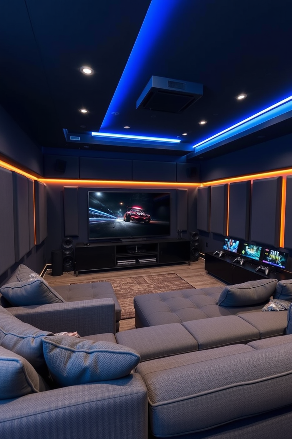 A modern game room featuring soundproof walls for an immersive gaming experience. The room is equipped with a large flat screen TV, comfortable sectional seating, and gaming consoles on a sleek media unit. The color scheme combines dark blues and grays, creating a cozy yet energetic atmosphere. Ambient LED lighting highlights the gaming area, while soundproof panels are strategically placed to enhance audio quality.