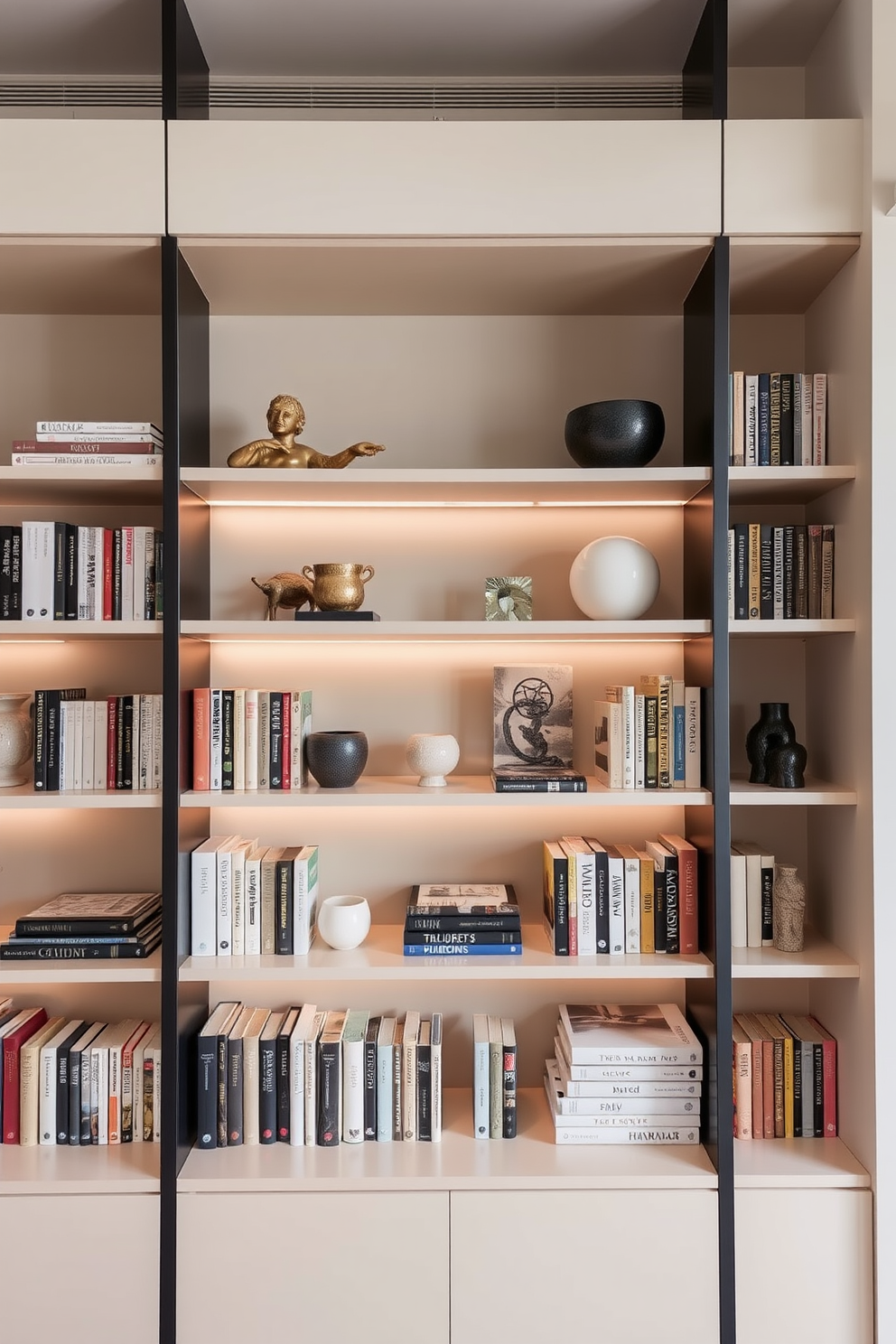 A modern home library features minimalist shelves that showcase a curated collection of books and decorative items. Sleek lighting fixtures are strategically placed to highlight the shelves and create a warm, inviting atmosphere.