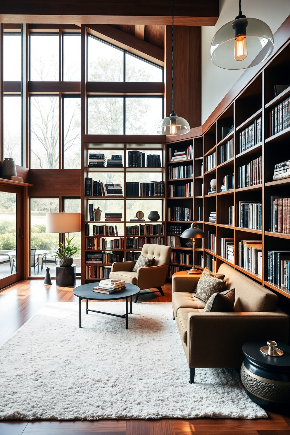 A modern home library features a combination of sleek wooden bookshelves and plush upholstered seating. The space is enhanced by a soft area rug, large windows allowing natural light, and a mix of metal and glass accents throughout. Rich textures are layered with leather-bound books, a cozy reading nook, and decorative throw pillows. Warm lighting from stylish fixtures creates an inviting atmosphere perfect for relaxation and study.