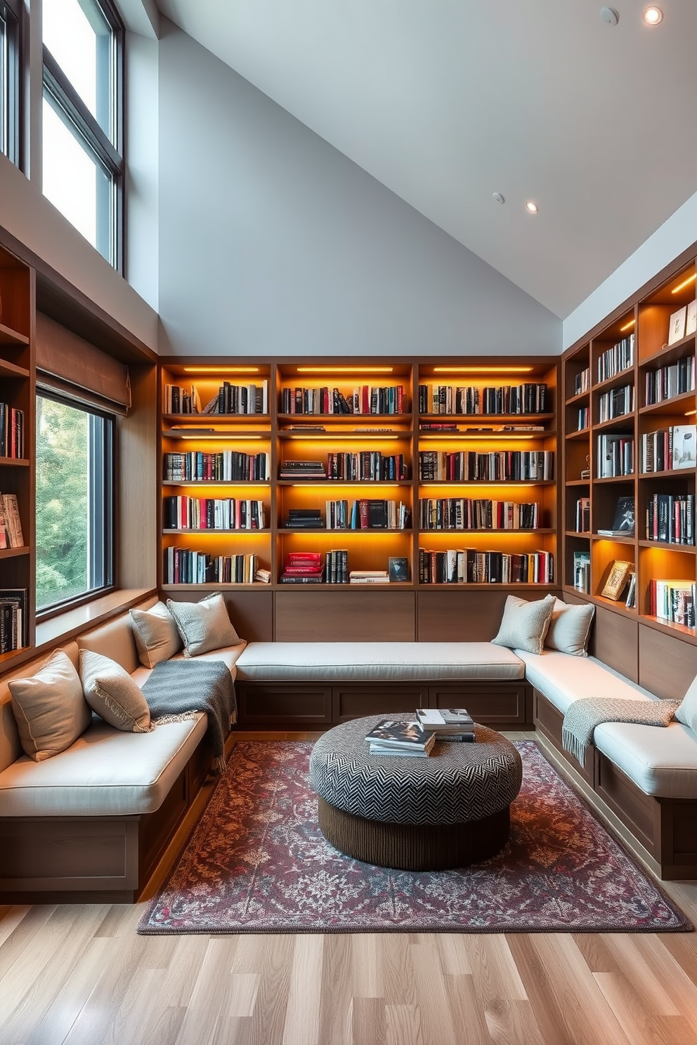 A cozy reading nook featuring built-in benches with plush cushions and soft throw blankets. The walls are lined with floor-to-ceiling bookshelves filled with an extensive collection of books, illuminated by warm ambient lighting. Large windows allow natural light to flood the space, creating a serene atmosphere perfect for reading. A stylish area rug anchors the seating area, adding warmth and texture to the modern home library design.