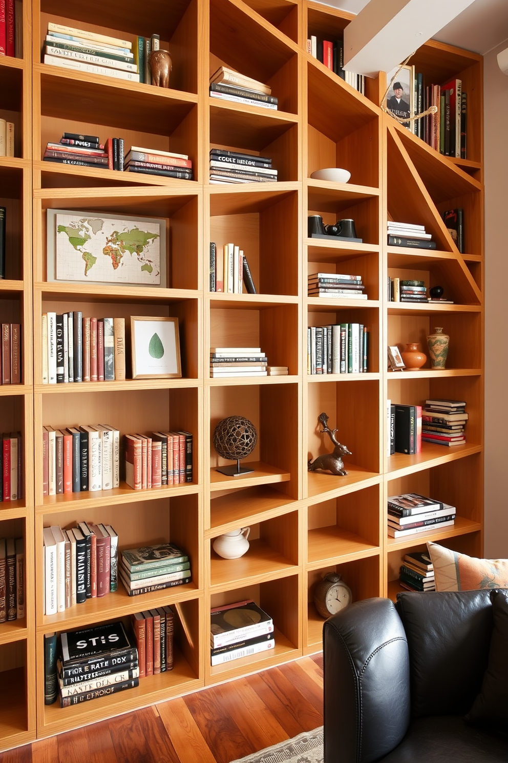 A modern home library featuring geometric shelving that adds an artistic flair to the space. The shelves are arranged in a dynamic pattern, showcasing a mix of books and decorative objects in a warm color palette.