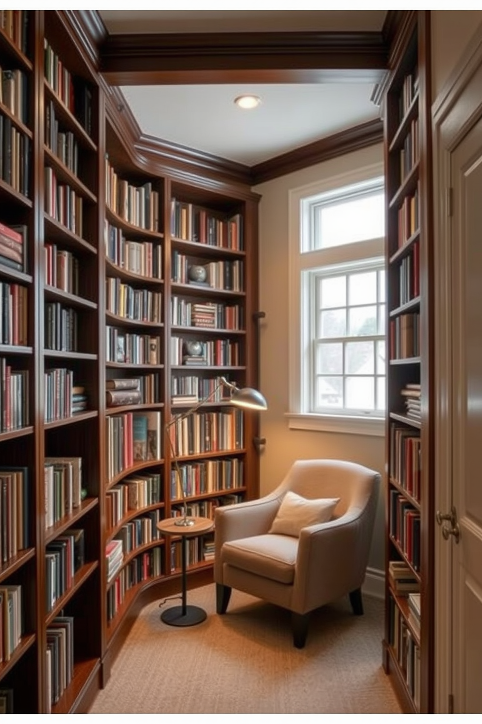 A compact library nestled in a small space features floor-to-ceiling bookshelves made of dark wood. A cozy reading nook with a plush armchair and a small side table sits in the corner, illuminated by a sleek floor lamp. The walls are painted in a soft cream color, creating a warm and inviting atmosphere. A large window allows natural light to flood the room, enhancing the collection of books displayed throughout the shelves.