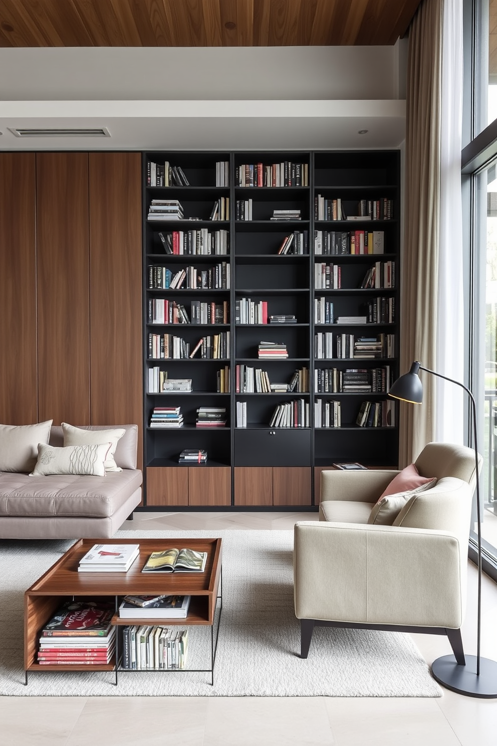 A modern home library features multi-functional furniture that maximizes space while providing comfort. A sleek sofa doubles as a guest bed, and a stylish coffee table has hidden storage for books and magazines. The shelving units are modular and can be rearranged to create different configurations. A cozy reading nook is created with a comfortable armchair that includes a built-in side table for convenience.