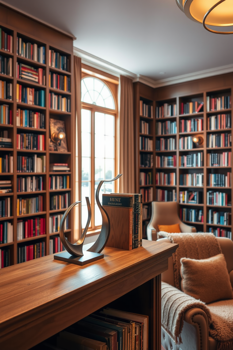 Artistic bookends made of sculpted metal and wood sit elegantly on a sleek wooden shelf. The library features floor-to-ceiling bookshelves filled with an array of colorful books, complemented by a cozy reading nook with a plush armchair and a warm throw blanket. Soft ambient lighting from stylish sconces highlights the textures of the books and the artistry of the bookends. A large window allows natural light to flood the space, creating a welcoming atmosphere perfect for reading and relaxation.