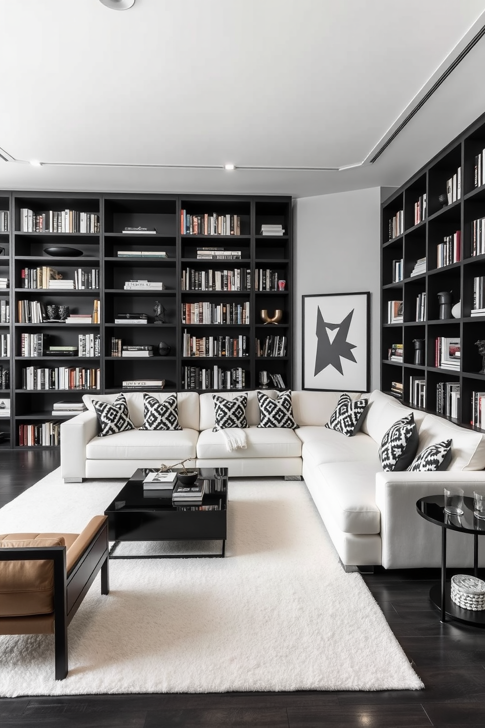 A modern home library designed in a black and white theme exudes sophistication and elegance. The space features sleek black bookshelves that stretch from floor to ceiling, filled with an array of books and decorative objects. A large white sectional sofa is positioned in the center, adorned with black and white patterned cushions. A minimalist black coffee table sits in front of the sofa, complemented by a stylish white area rug that anchors the seating area.