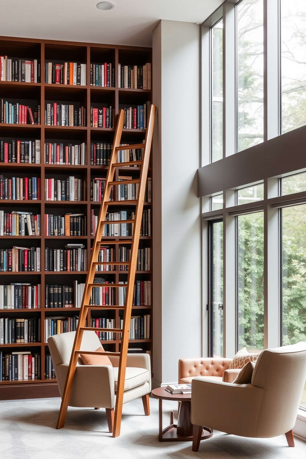 A stylish ladder rests against a wall of high shelves filled with books in a modern home library. The ladder features a sleek wooden design with a rich finish, complementing the contemporary aesthetic of the space. The library is designed with large windows that allow natural light to flood in, illuminating the cozy reading nook. Plush armchairs and a small coffee table create an inviting atmosphere for relaxation and study.