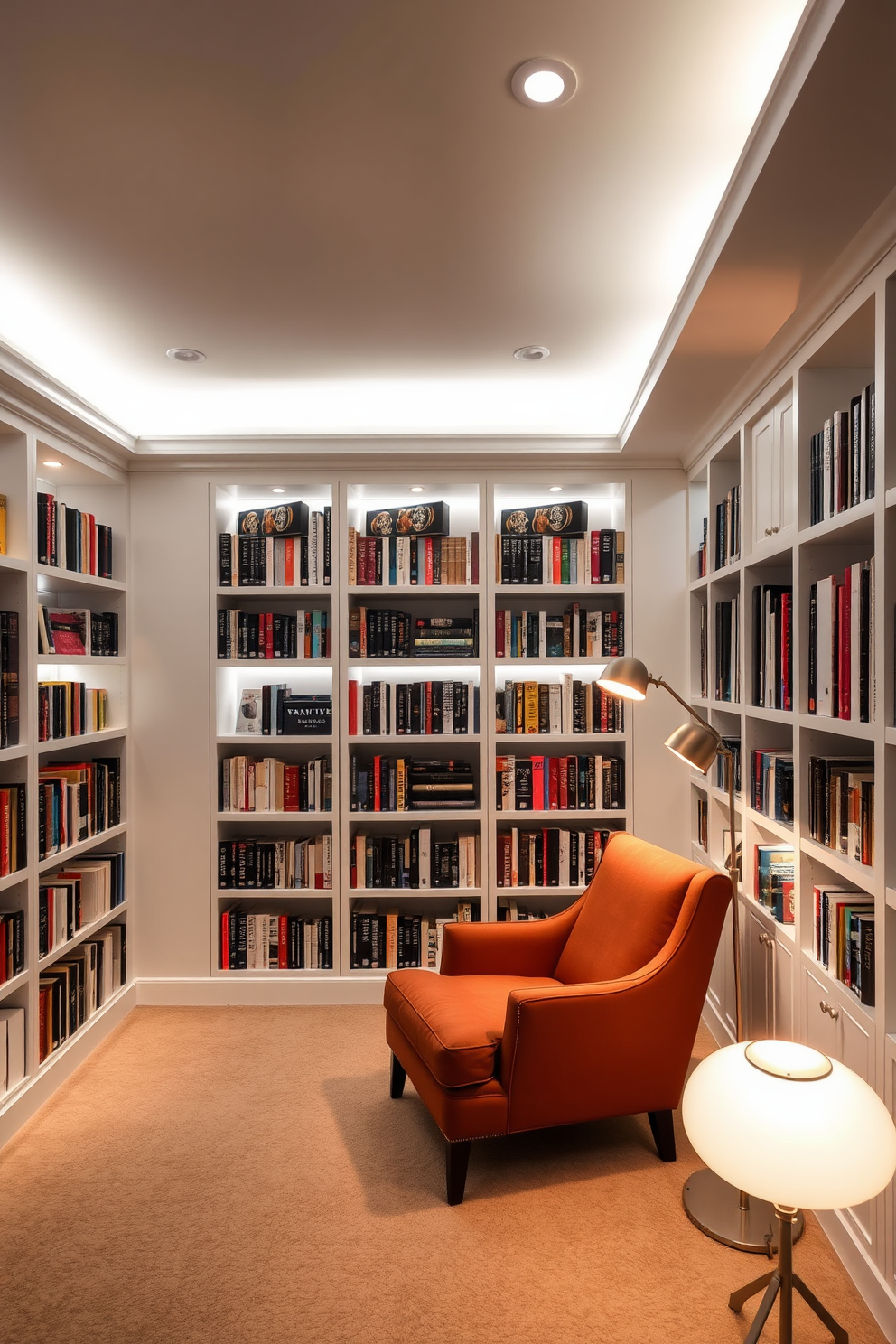 A modern home library with layered lighting that enhances both ambiance and functionality. The space features built-in bookshelves filled with books, a cozy reading nook with a plush armchair, and strategically placed floor lamps that create a warm glow.