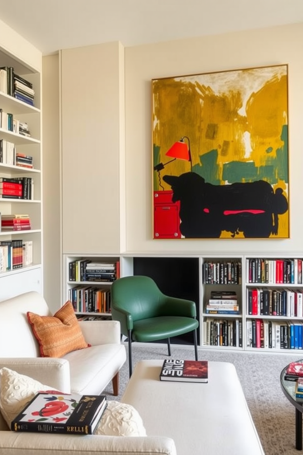 A modern home library featuring statement artwork that complements a curated collection of books. The walls are lined with sleek bookshelves, showcasing a mix of classic literature and contemporary titles, while an oversized abstract painting adds a vibrant focal point to the space.