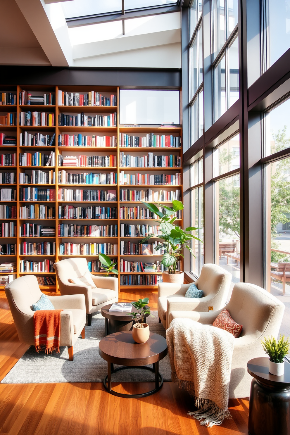 Open concept library with cozy seating. The space features a large bookshelf filled with books, complemented by a comfortable reading nook with plush armchairs and a small coffee table. Natural light floods the room through expansive windows, highlighting the warm wooden floors. Decorative plants and soft throw blankets add a touch of comfort and style to the inviting atmosphere.