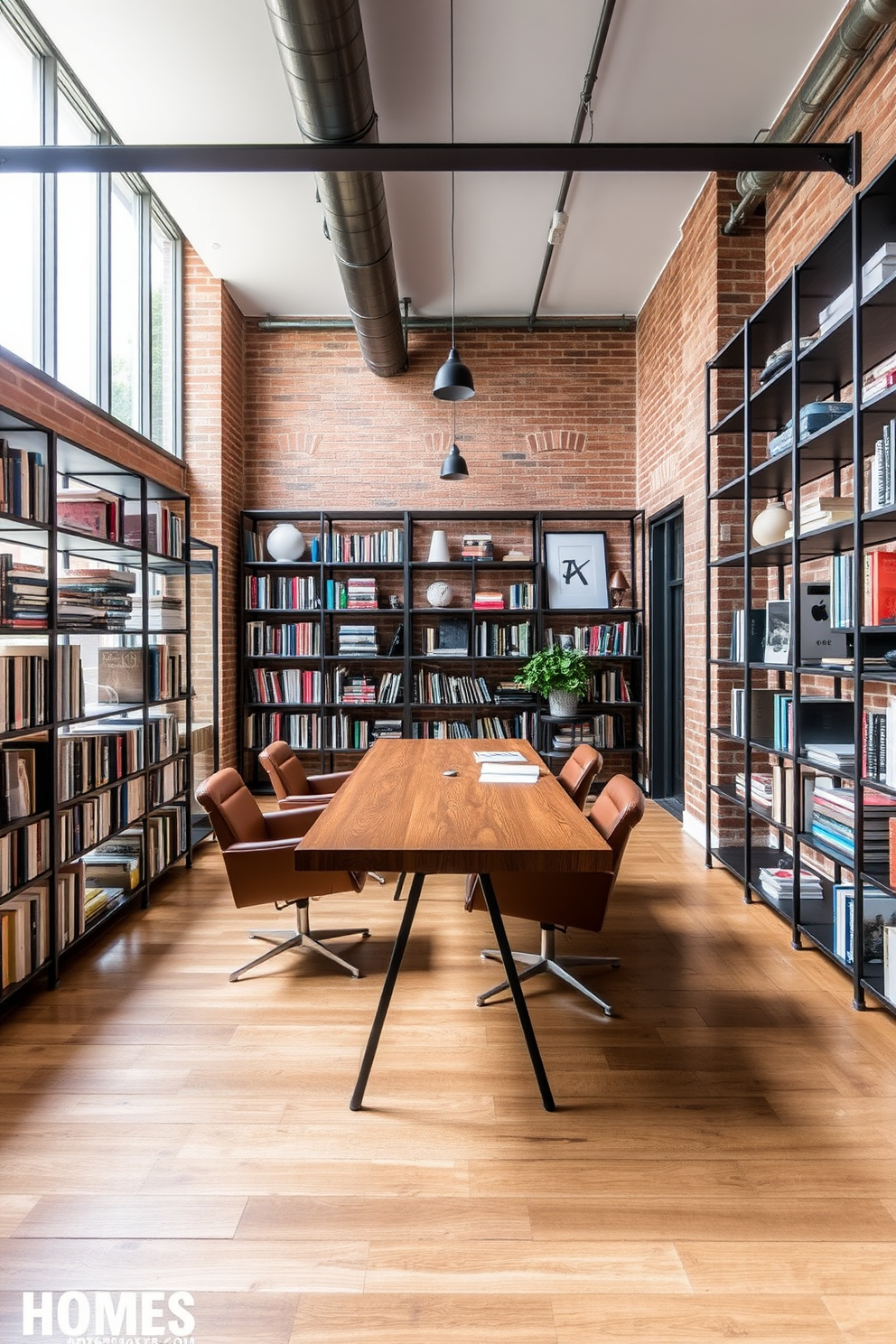 A modern home library featuring industrial style with metal accents. The room is characterized by exposed brick walls and large windows that allow natural light to flood in. A sleek metal bookshelf lines one wall, filled with an array of books and decorative objects. In the center, a large wooden table with metal legs serves as a workspace, surrounded by comfortable leather chairs.