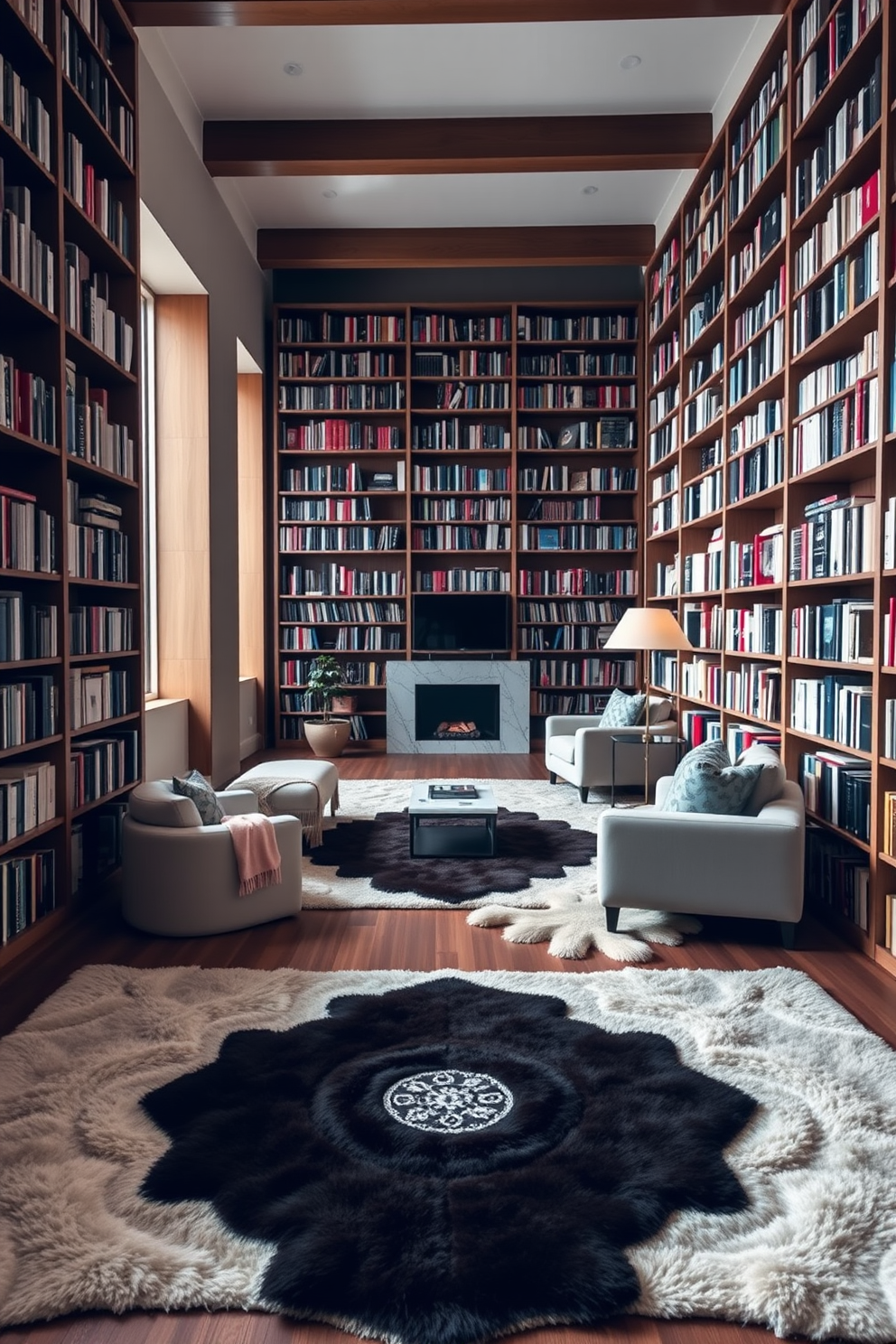 A modern home library features soft rugs that define cozy reading areas. The space is filled with floor-to-ceiling bookshelves, creating an inviting atmosphere for book lovers.