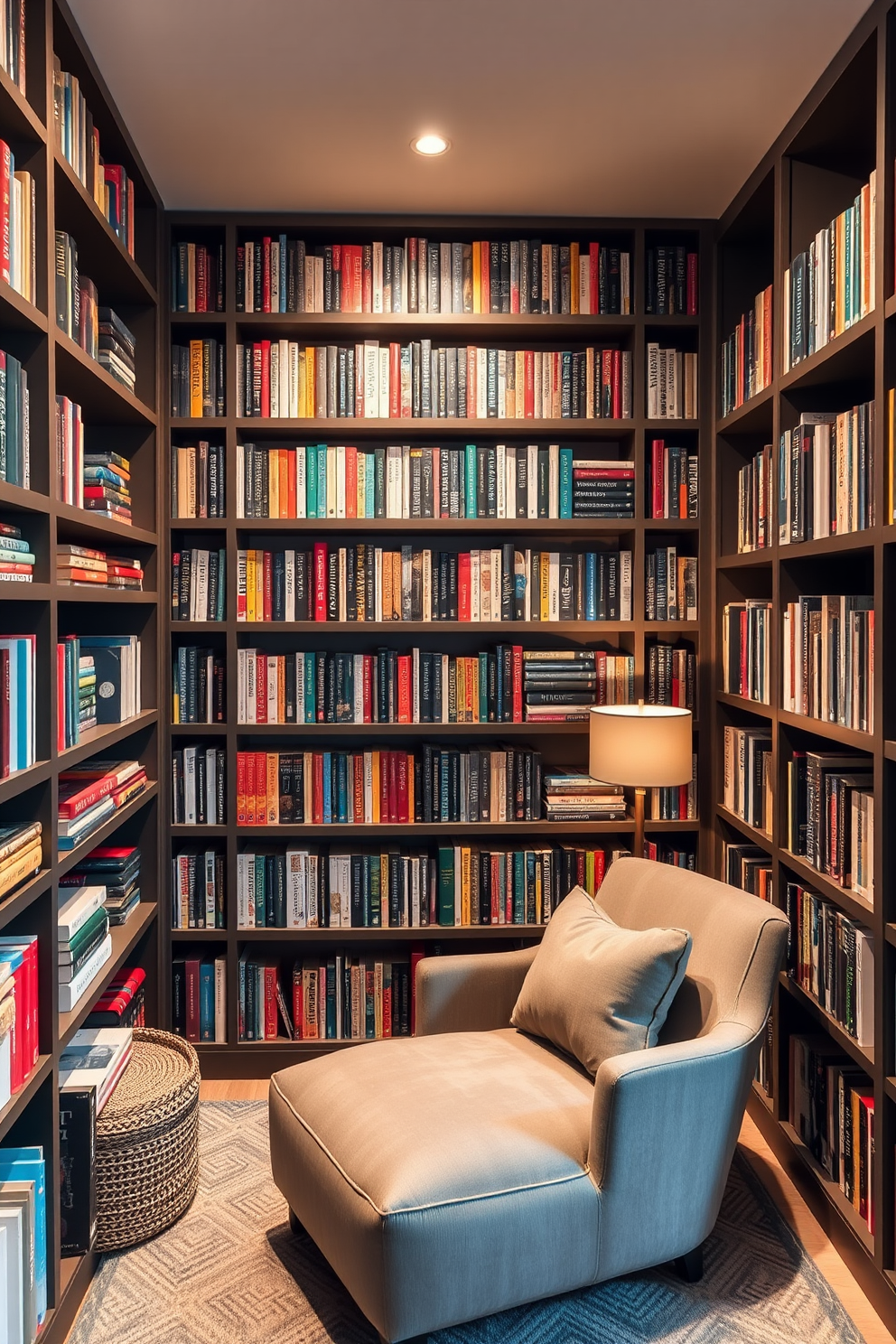 A cozy modern home library featuring a personalized book collection display. The walls are lined with custom-built shelves filled with an array of colorful books, complemented by a comfortable reading nook with a plush armchair and soft lighting.