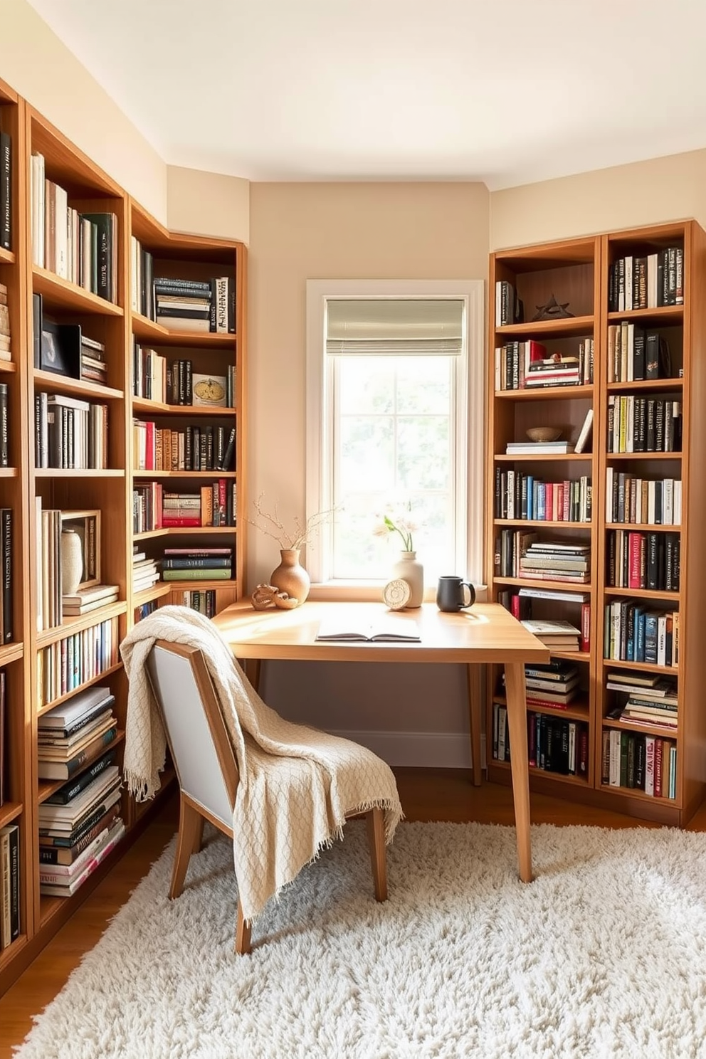 A cozy corner desk is positioned against a wall, featuring a sleek wooden surface and minimalist design. Surrounding the desk are tall bookshelves filled with an eclectic mix of books and decorative items, creating an inviting atmosphere for work and reading. Natural light floods the space through a nearby window, illuminating a comfortable reading chair with a soft throw blanket draped over it. The walls are painted in a warm neutral tone, complemented by a plush area rug that adds texture and warmth to the modern home library.