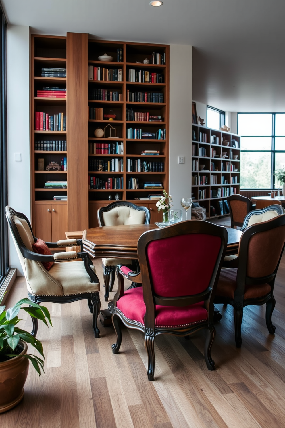 Vintage chairs create an inviting atmosphere with their rich fabrics and classic designs. Nestled around a rustic wooden table, these chairs complement the warm tones of the room. The modern home library features sleek shelving units filled with books and decorative items. Large windows allow natural light to flood the space, enhancing the contemporary aesthetic.