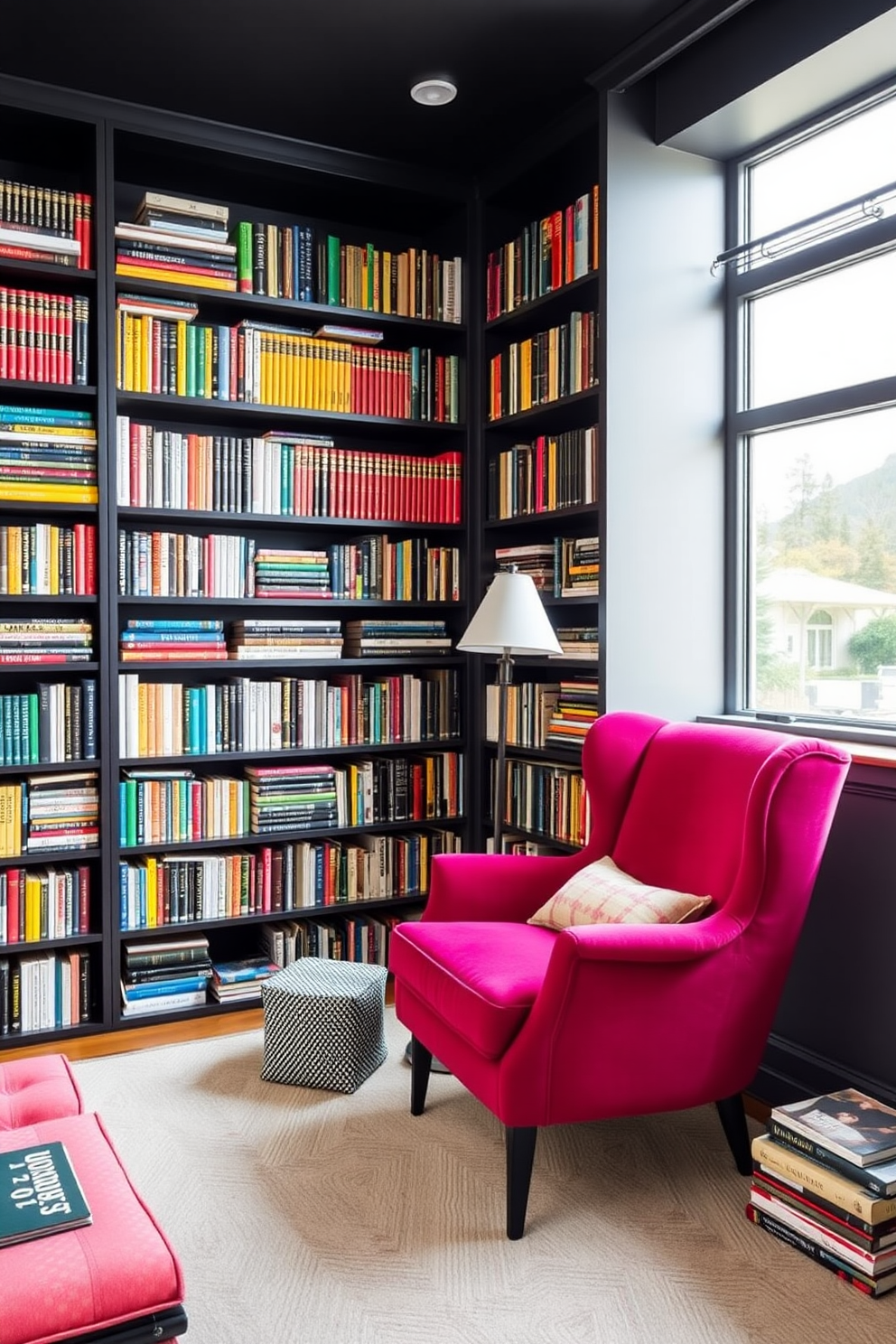 A modern home library with colorful spines creating a playful atmosphere. The walls are lined with bookshelves filled with vibrant books, and a cozy reading nook features a plush armchair in a bold hue.