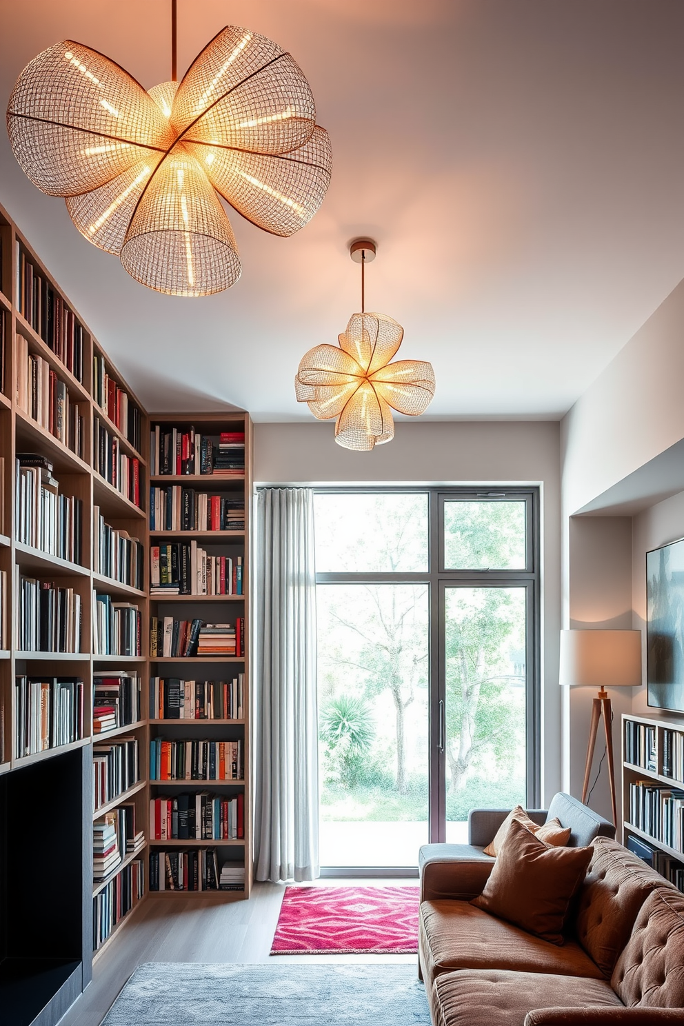 A modern home library featuring sculptural lighting fixtures that serve as focal points. The space includes floor-to-ceiling bookshelves filled with an eclectic mix of books, complemented by a sleek, minimalist reading nook. The lighting fixtures are artistically designed, creating a dramatic ambiance that enhances the overall aesthetic. A comfortable sofa in a rich fabric is positioned near a large window, inviting natural light to fill the room.