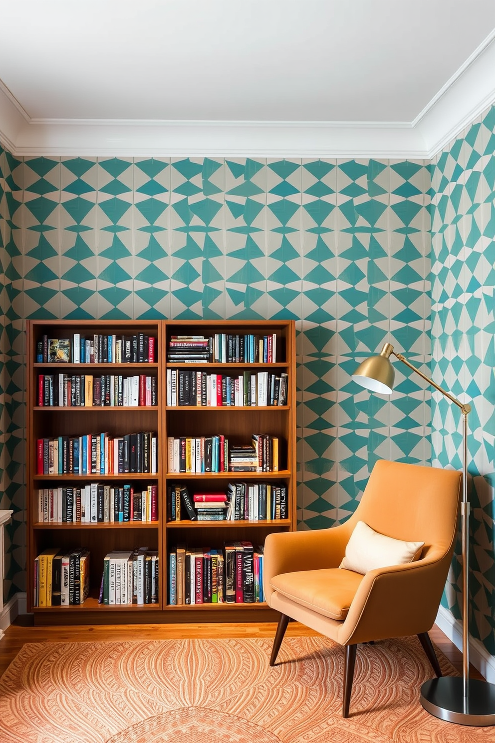 A modern home library featuring creative wallpaper as a backdrop. The walls are adorned with a bold geometric pattern in soft colors, creating a vibrant yet inviting atmosphere. In the center, a sleek wooden bookshelf filled with a variety of books complements a cozy reading nook. A plush armchair in a contrasting hue is positioned beside a stylish floor lamp, inviting relaxation and focus.