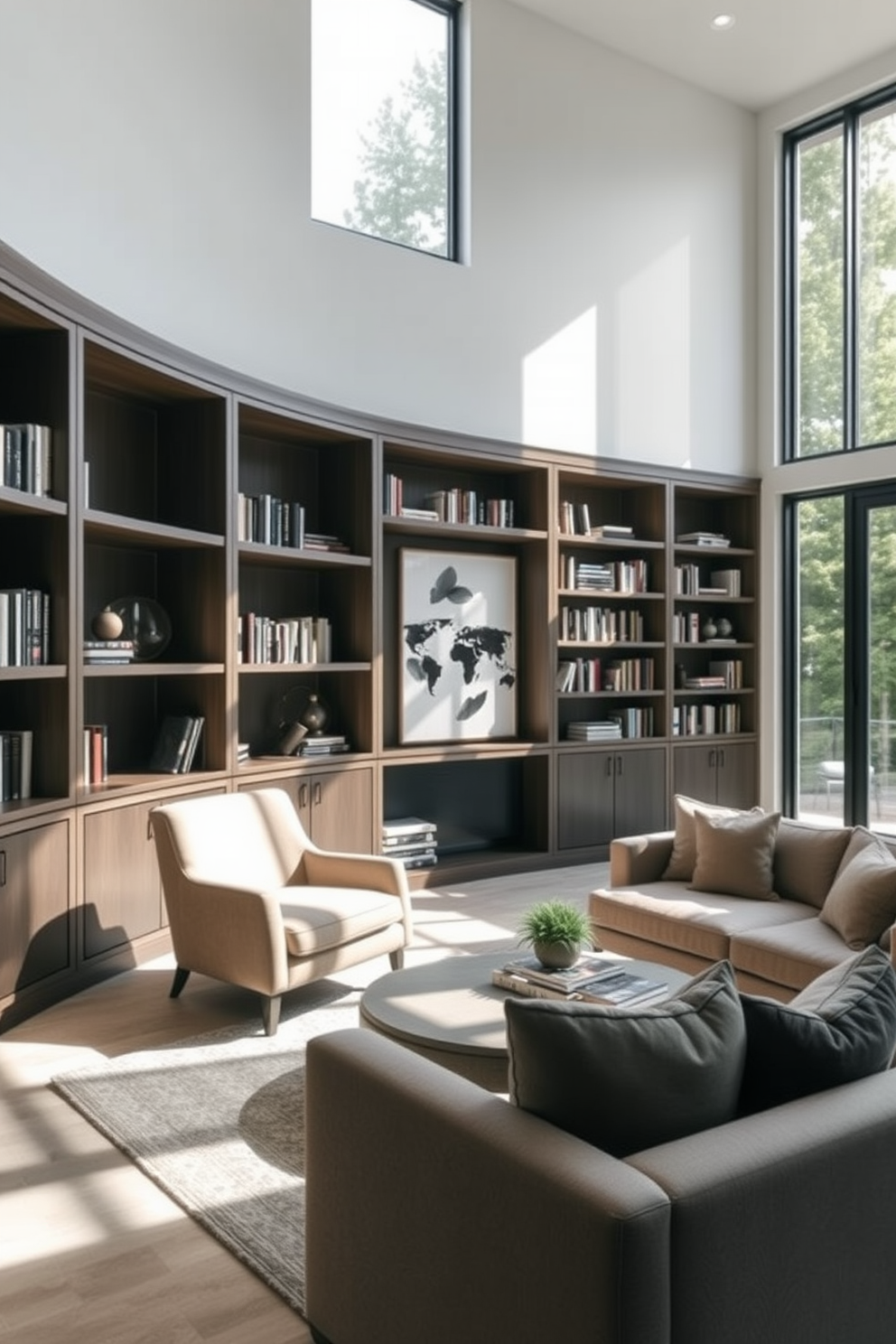 A modern home library featuring sleek built-in bookshelves with hidden compartments for storage. The space is illuminated by natural light streaming through large windows, creating a warm and inviting atmosphere. Comfortable seating options include a plush armchair and a minimalist sofa, both positioned near a stylish coffee table. The color palette consists of soft neutrals and deep greens, enhancing the tranquil vibe of the library.