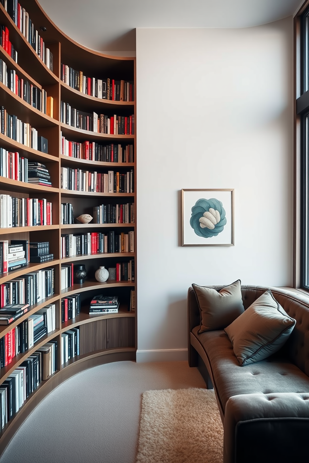 A modern home library features curved bookshelves that elegantly flow along the walls, creating a unique and inviting atmosphere. The shelves are filled with a curated selection of books and decorative items, while a comfortable reading nook with plush seating is positioned nearby for relaxation.