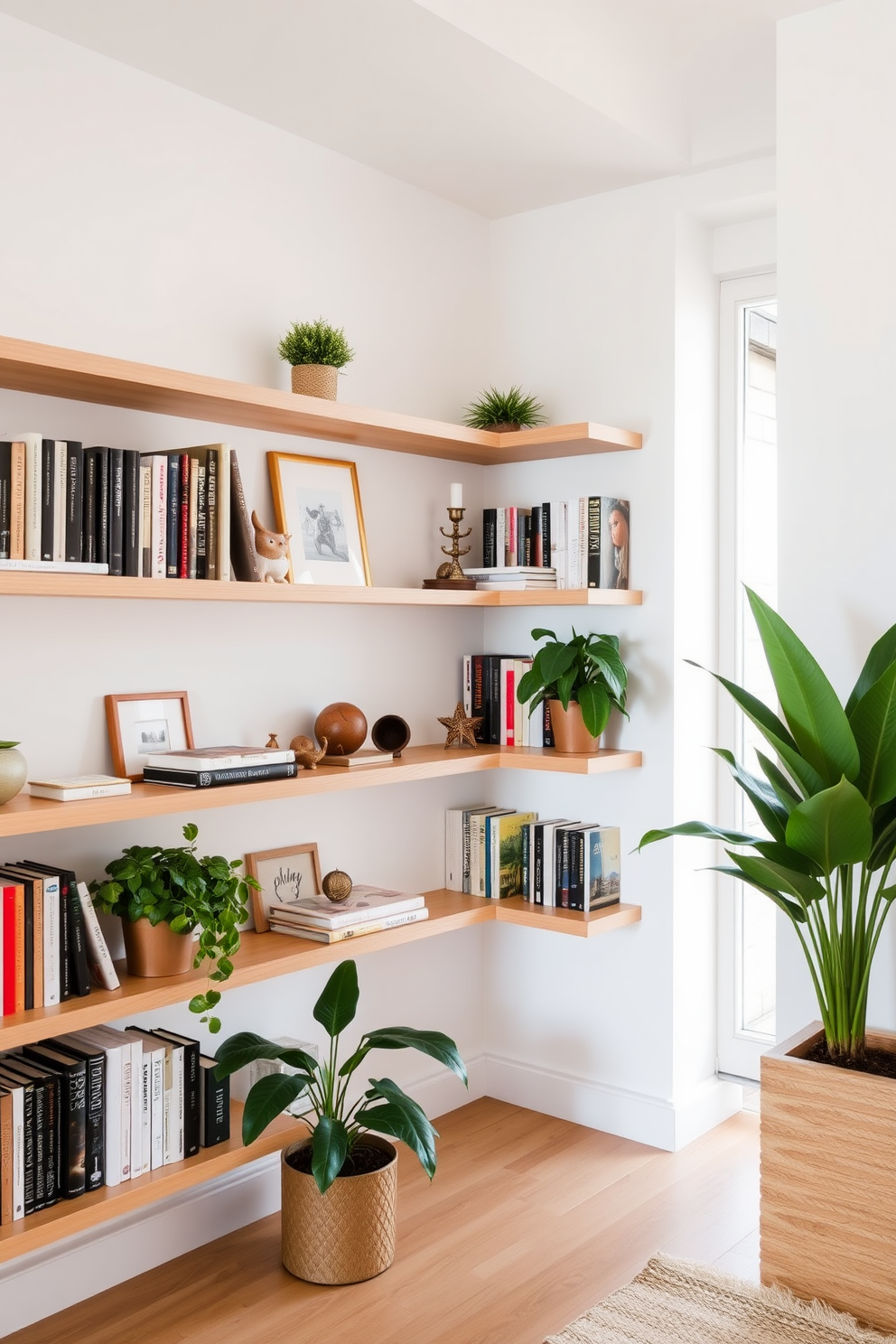 A bright corner of a modern home library features sleek floating shelves made of light wood. The shelves are adorned with a curated collection of books, decorative objects, and potted plants, creating a warm and inviting atmosphere.