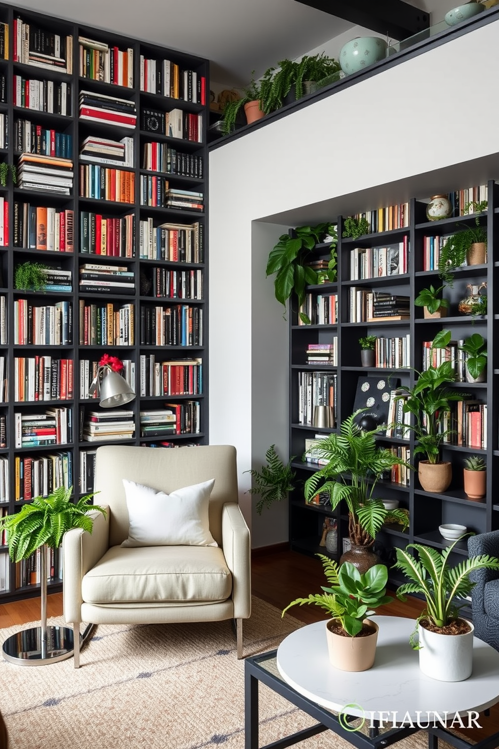 A modern home library features floor-to-ceiling bookshelves filled with an eclectic mix of books and decorative items. A large, comfortable reading chair sits in the corner, accompanied by a sleek side table and a stylish lamp for cozy lighting. Incorporating various plants throughout the space creates a fresh and inviting atmosphere. Lush green ferns and potted succulents are strategically placed on shelves and tables, adding a vibrant touch to the overall design.