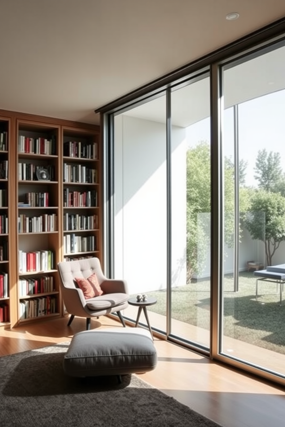 A modern home library featuring expansive glass doors that invite natural light into the space. The interior is adorned with sleek, minimalist shelving units filled with books, complemented by a cozy reading nook with a plush armchair and a small side table.