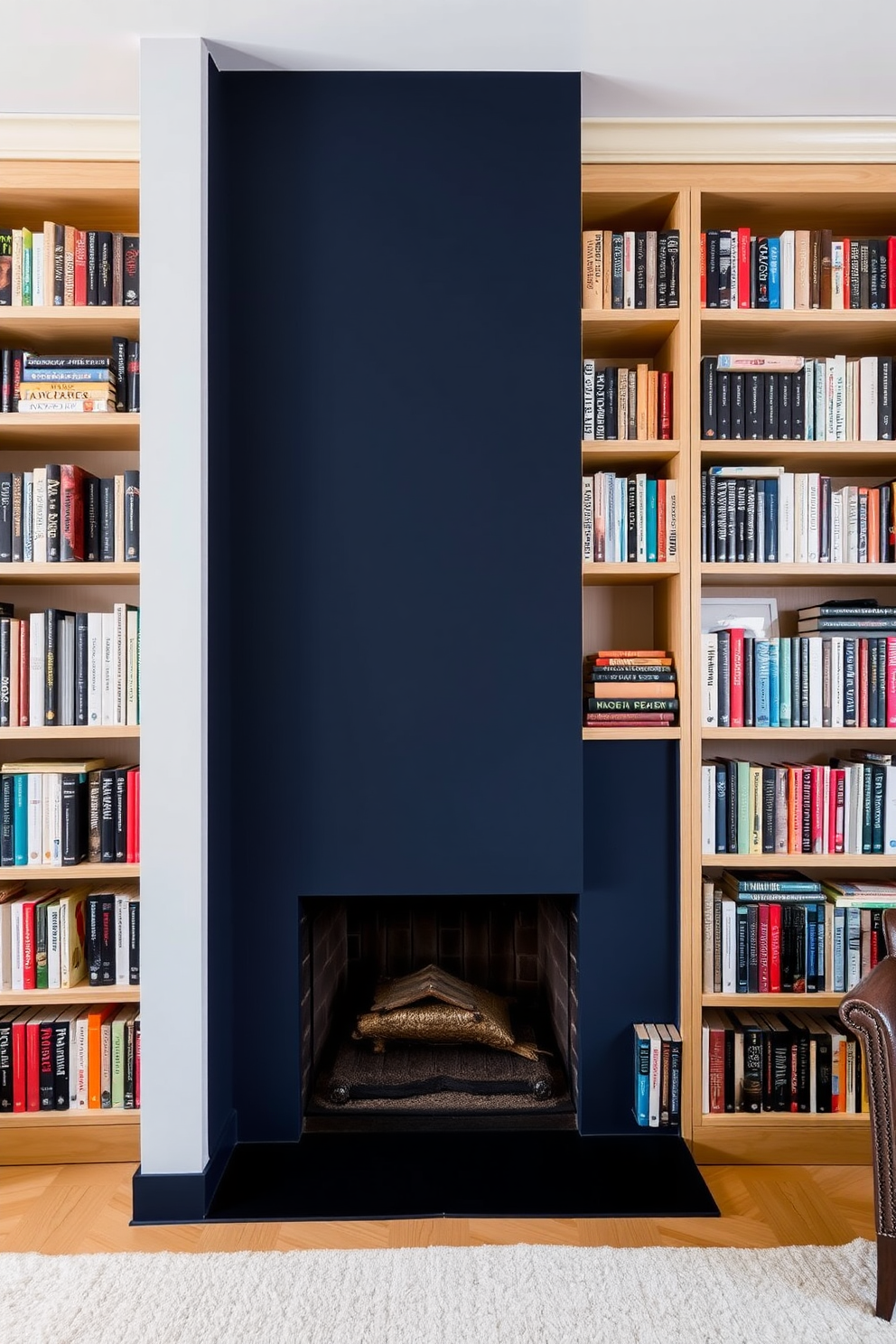 A modern home library featuring a bold accent wall that showcases an extensive book display. The wall is painted in a deep navy blue, contrasting beautifully with the light wood shelves filled with books of various sizes and colors.