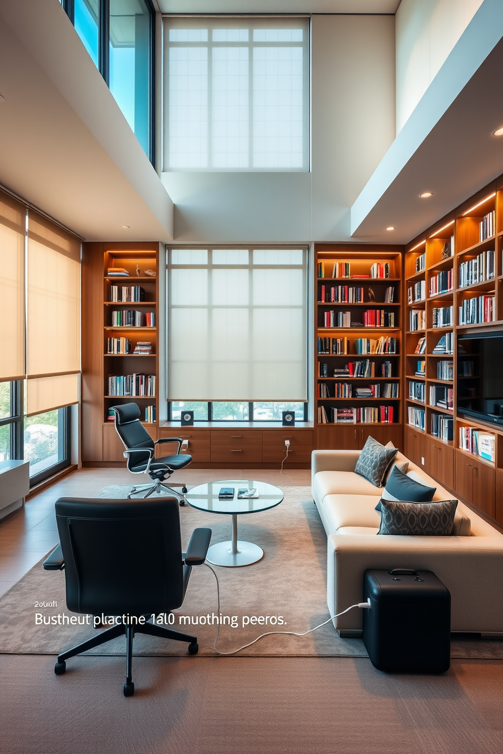 A modern home library featuring integrated technology for seamless connectivity and convenience. The design includes sleek built-in bookshelves with hidden lighting and a central smart control panel for adjusting lighting and temperature. Comfortable seating areas are designed with ergonomic chairs and a stylish sofa, all equipped with charging ports and Bluetooth speakers. Large windows allow natural light to flood the space, complemented by automated shades that adjust with the touch of a button.