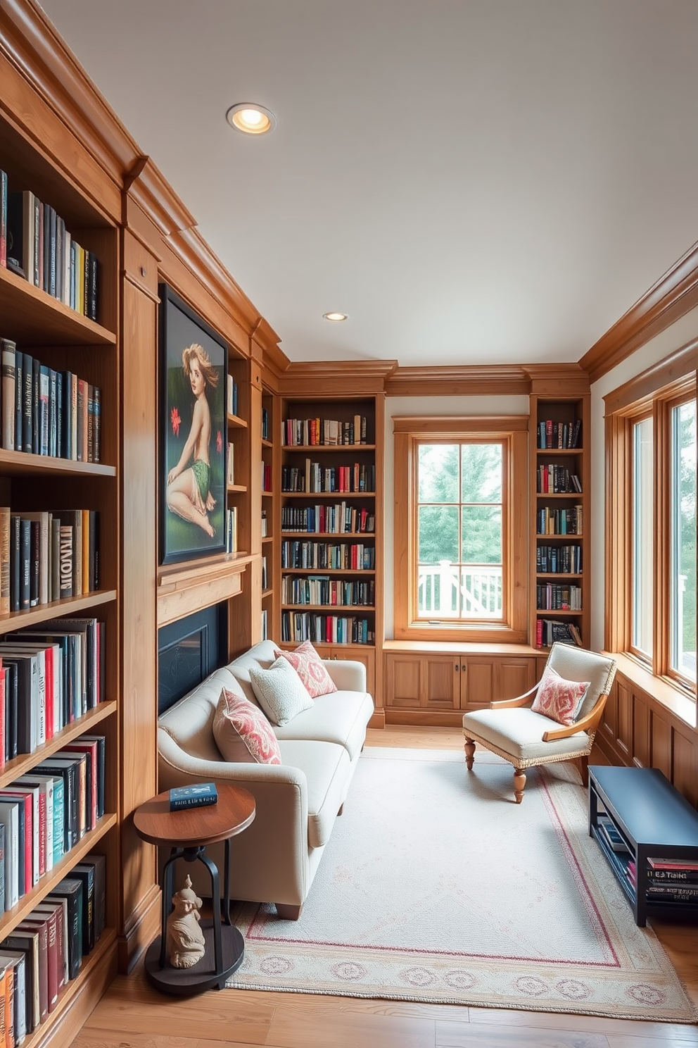 A cozy home library featuring natural wood finishes that add warmth and charm. The room is filled with custom-built wooden shelves lined with books, and a comfortable reading nook with plush seating is positioned near a large window.