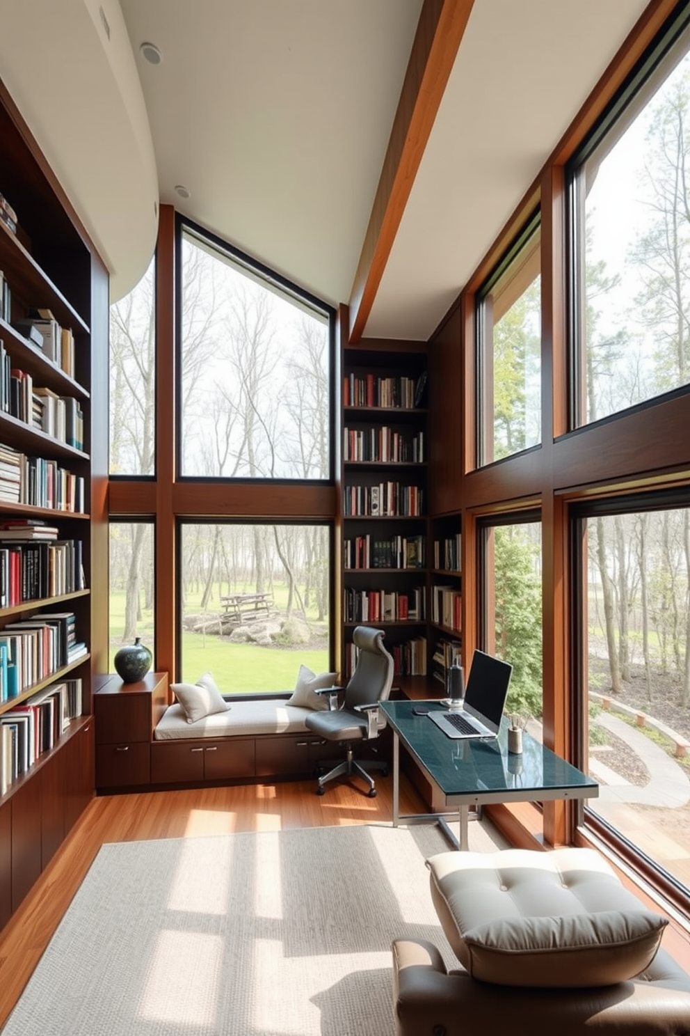 A modern home library with large windows that allow ample natural light to flood the space. The room features sleek bookshelves filled with an extensive collection of books and a comfortable reading nook with plush seating. Warm wooden accents complement the contemporary design, creating an inviting atmosphere. A stylish desk is positioned near the windows, providing a perfect spot for work or study.