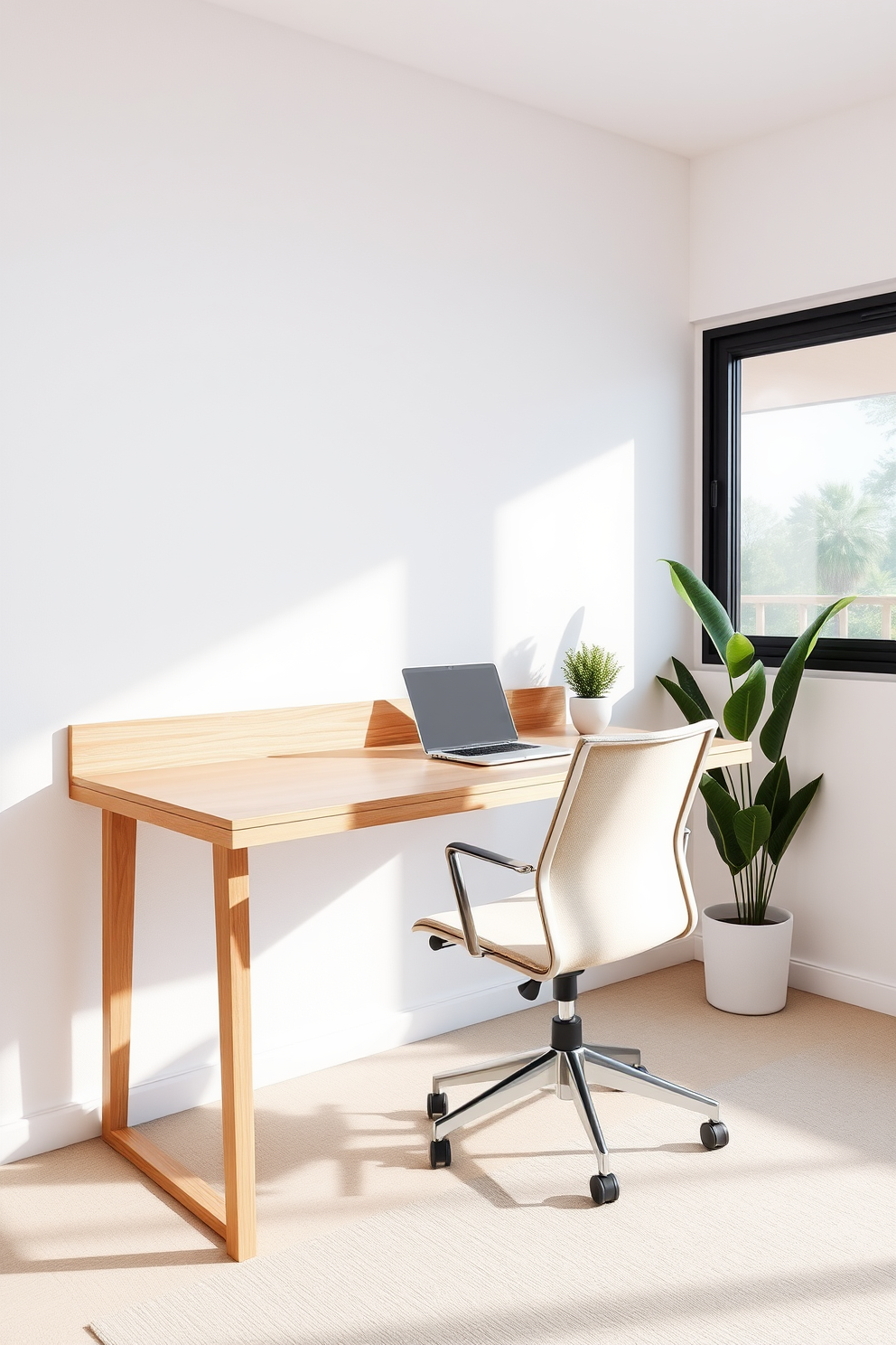 A minimalist desk with natural wood accents sits against a light-colored wall, creating a serene workspace. The desk features clean lines and is complemented by a comfortable ergonomic chair in soft fabric. On the desk, a sleek laptop is paired with a small potted plant, adding a touch of greenery to the space. A large window allows ample natural light to flood in, enhancing the open and airy feel of the modern home office.