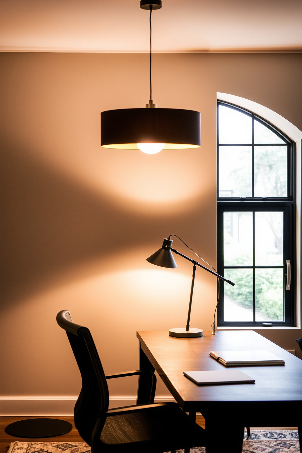 A modern home office features layered lighting that combines a sleek desk lamp and an elegant floor lamp for a warm, inviting atmosphere. The walls are painted in a soft gray, and a stylish wooden desk is positioned near a large window, allowing natural light to flow in throughout the day.