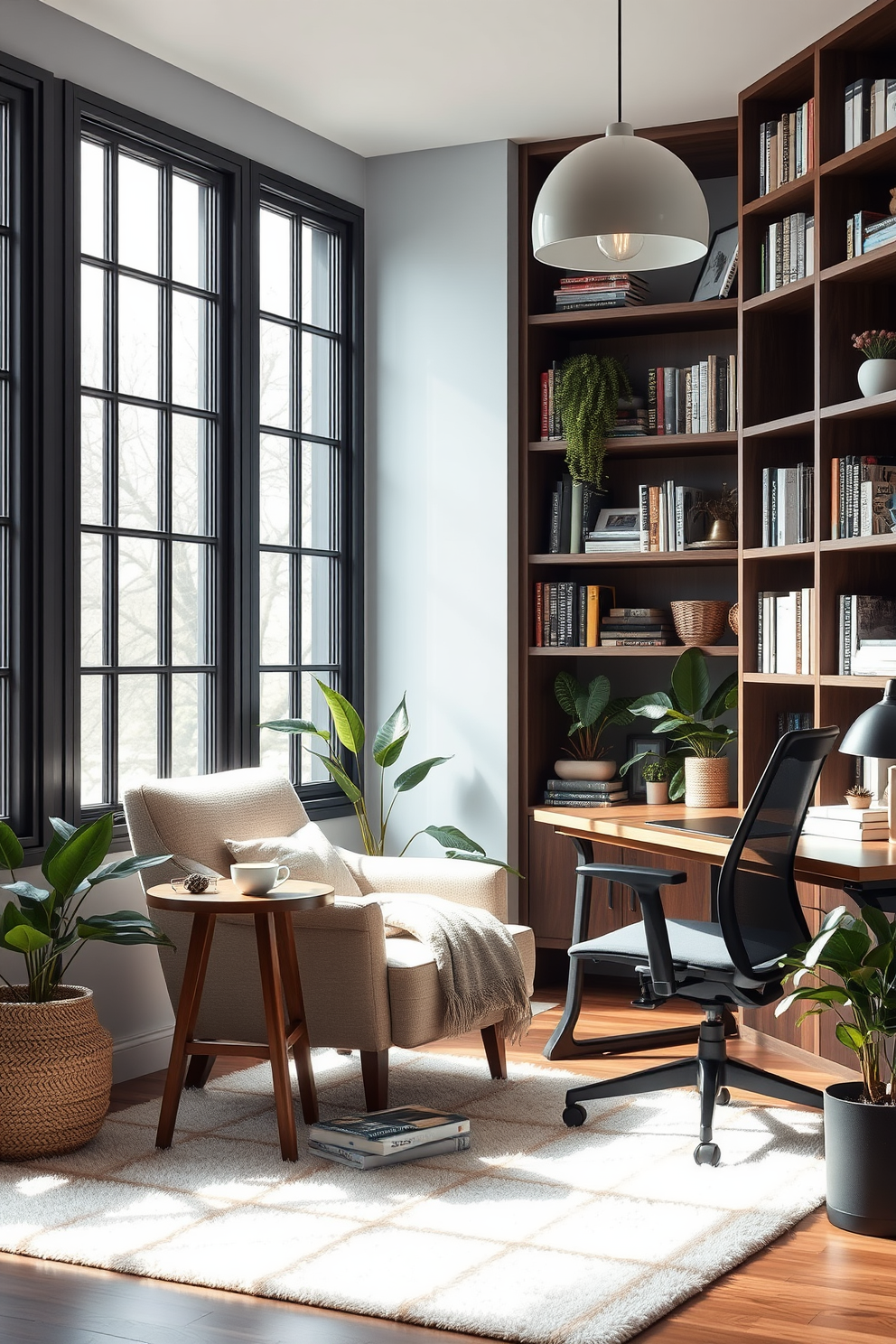 Cozy reading nook with plush chair. A comfortable armchair in soft fabric is positioned next to a large window, allowing natural light to fill the space. A small wooden side table holds a steaming cup of tea and a stack of books, while a warm throw blanket is draped over the chair. The walls are painted in a calming light blue, and a plush area rug adds warmth underfoot. Modern home office design ideas. A sleek desk made of dark wood is paired with an ergonomic chair, creating a functional workspace. Large shelves filled with books and decorative items line the walls, while a minimalist pendant light hangs above the desk. Potted plants are strategically placed to bring a touch of nature indoors, enhancing the overall aesthetic.